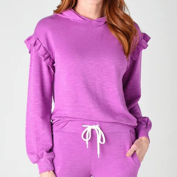 Monrow Sweaters - Monrow Women's Super Soft Pull Over Hoody With Ruffle Inset - Size Small